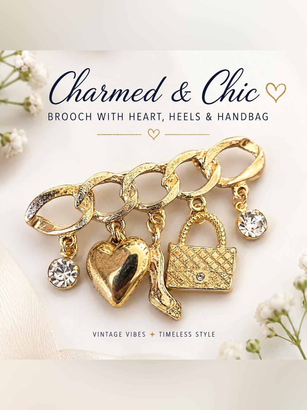 Gold Heart, Heel & Handbag Brooch